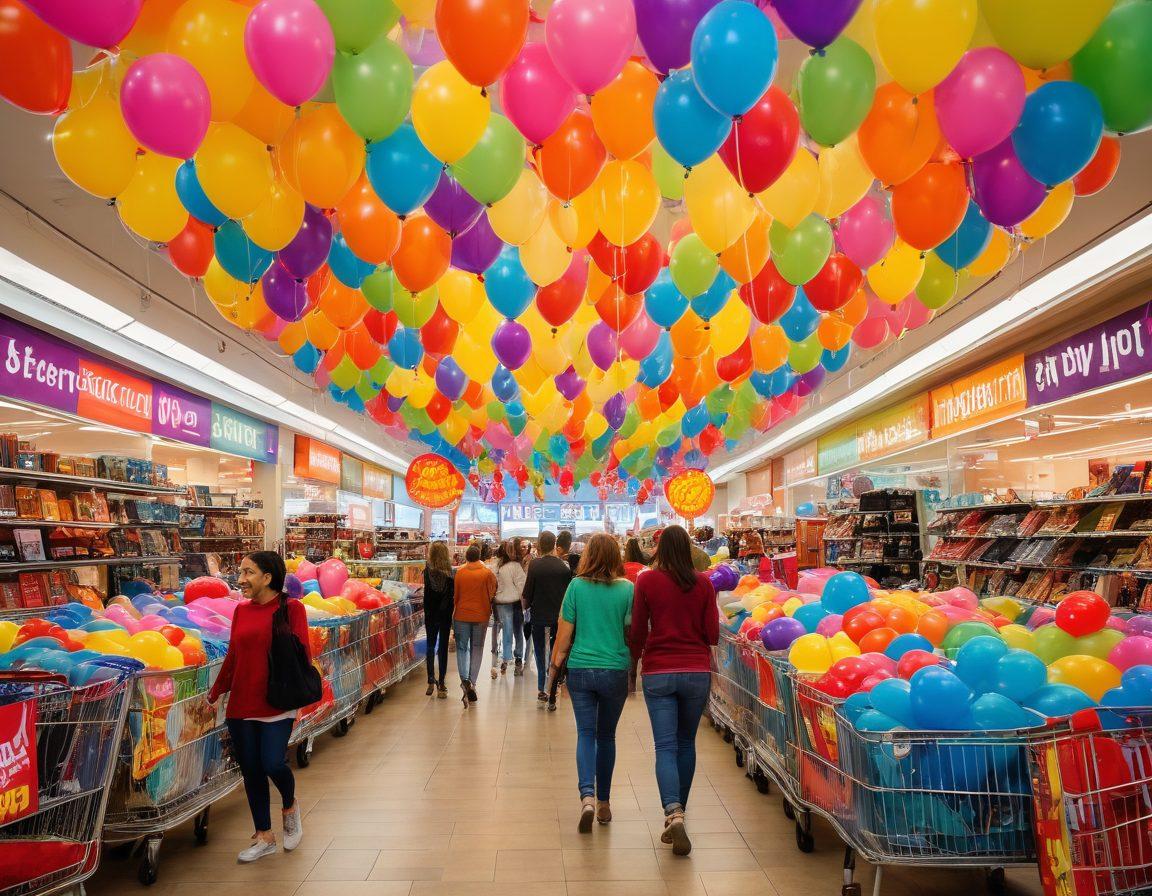 A lively shopping scene showcasing a diverse group of excited shoppers navigating through colorful clearance sale signs and markdown displays. Include shopping carts filled with unique items, vibrant price tags, and a cheerful atmosphere filled with balloons and discounts. Emphasize a sense of adventure and discovery among customers, with a bright, inviting store background. vibrant colors. super-realistic.