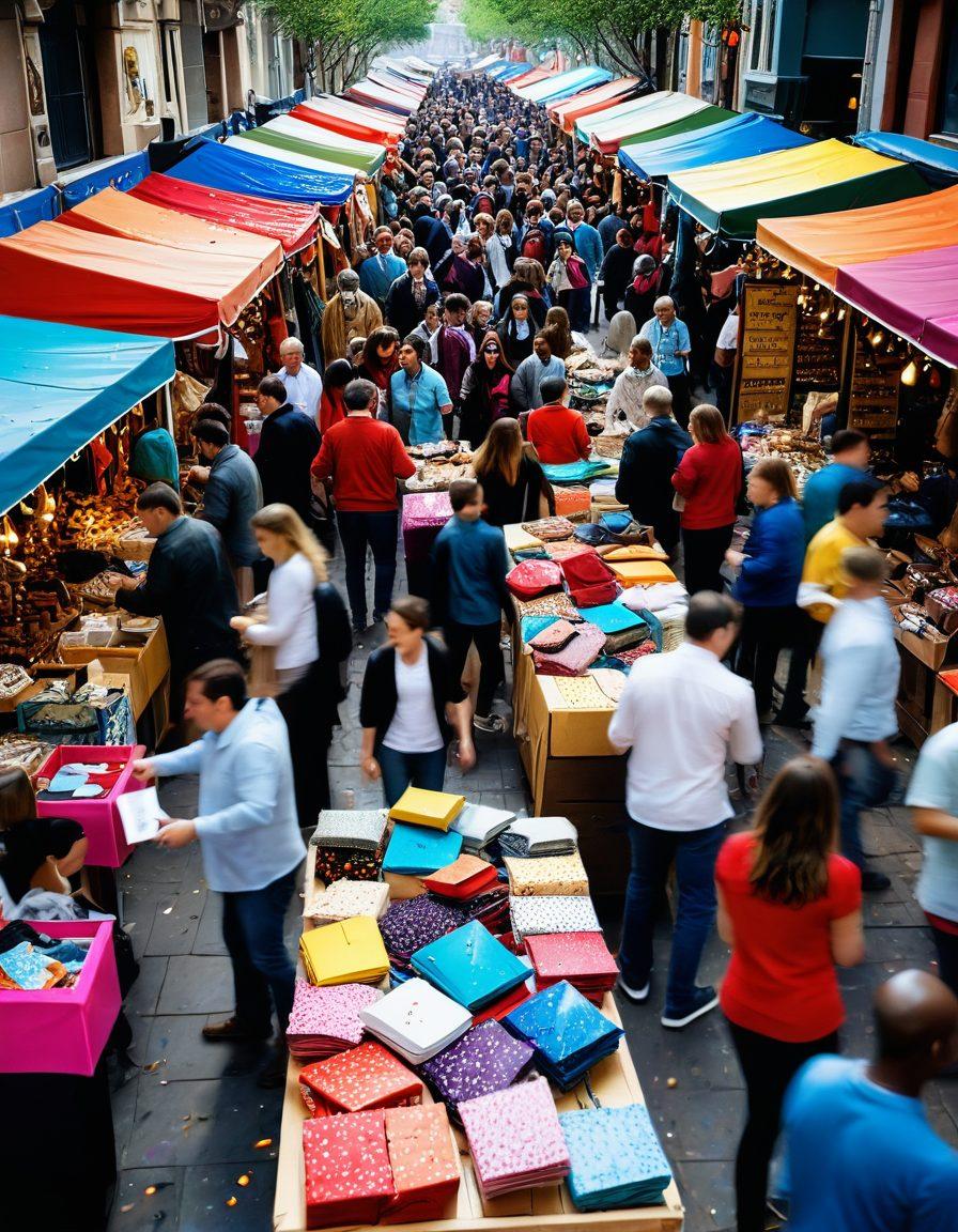 A cheerful market scene with a diverse group of resellers joyfully rummaging through a colorful array of clearance bargains, showcasing price tags and items like electronics, clothing, and home goods. Add a burst of confetti in the air to symbolize joy and savings. Capture vibrant energy and excitement in their expressions. super-realistic. vibrant colors. dynamic composition.