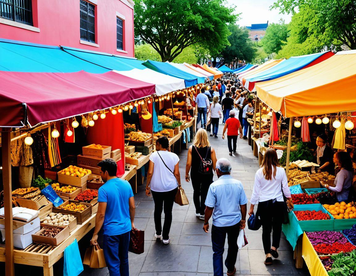 A vibrant marketplace scene showcasing a diverse group of eager customers exploring colorful stalls filled with surplus stock, surrounded by smiling vendors offering value bargains. Include elements of negotiation, joy, and discovery, emphasizing the excitement of finding great deals. Capture the essence of community and sustainability through whimsical details like eco-friendly packaging and repurposed goods. Illustrate with bright, eye-catching colors and a lively atmosphere. super-realistic. vibrant colors. 3D.